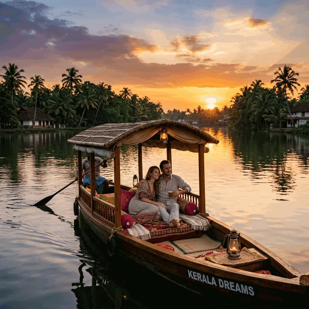 Traditional wooden Shikkara boat cruising through the calm backwaters of Poothotta
