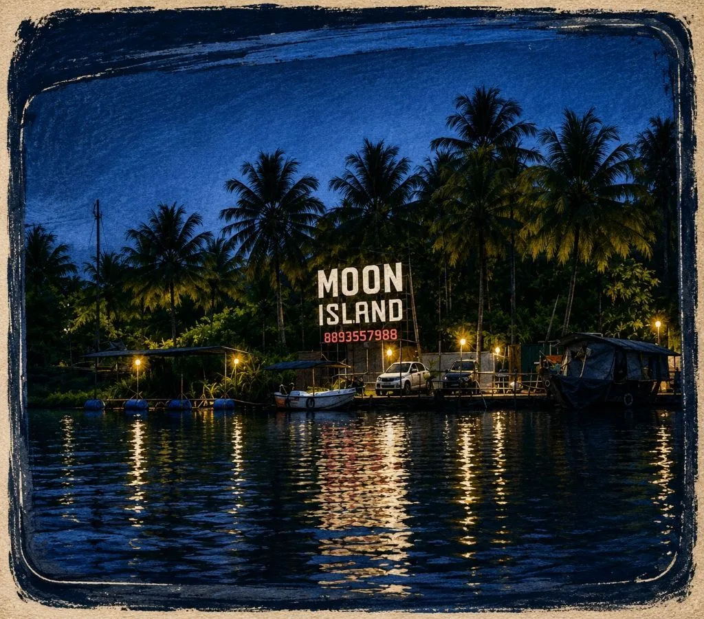 A serene moonlit night view of Moon Island luxury backwater resort in Kerala