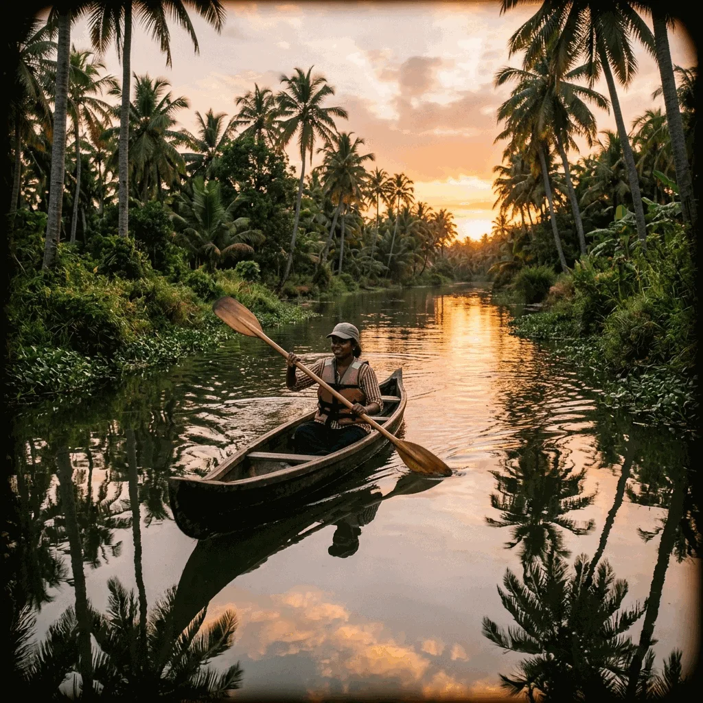 Guided kayaking tour exploring the lush green backwater ecosystems of Kerala