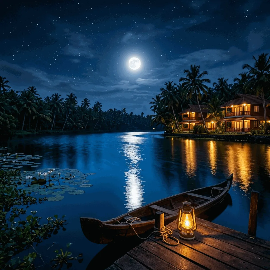 Atmospheric night photography of the tranquil Kerala backwaters under the moonlight