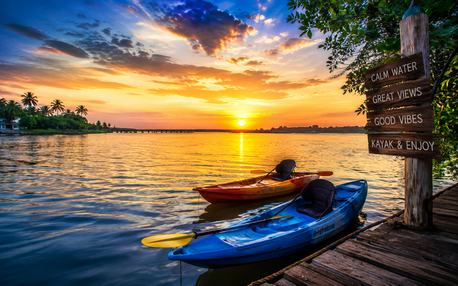 Guests enjoying a peaceful sunset kayaking experience on the Kerala backwaters